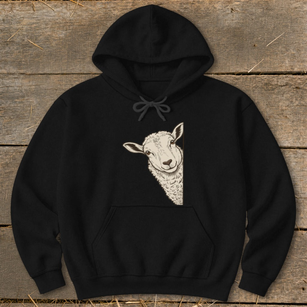 Black hoodie with a peeking sheep graphic on the front.