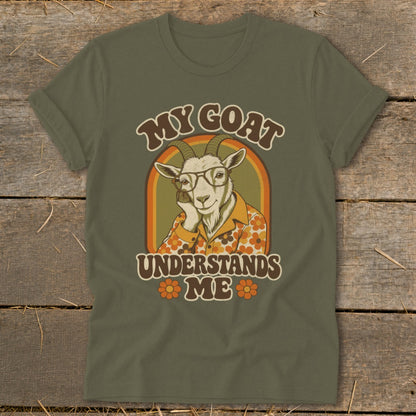 Goat wearing glasses and a retro shirt with text "MY GOAT UNDERSTANDS ME."