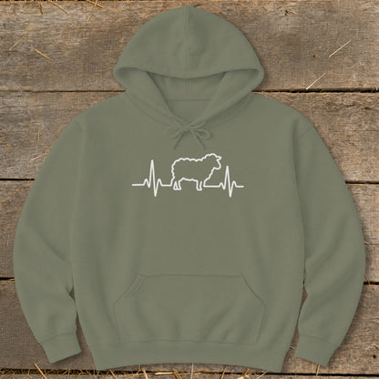 An olive green hooded sweatshirt with a white graphic of a sheep and heartbeat line.