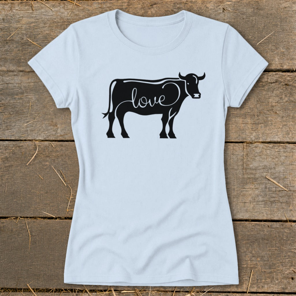 Light blue t-shirt with black silhouette of a cow with the word "love" inside.
