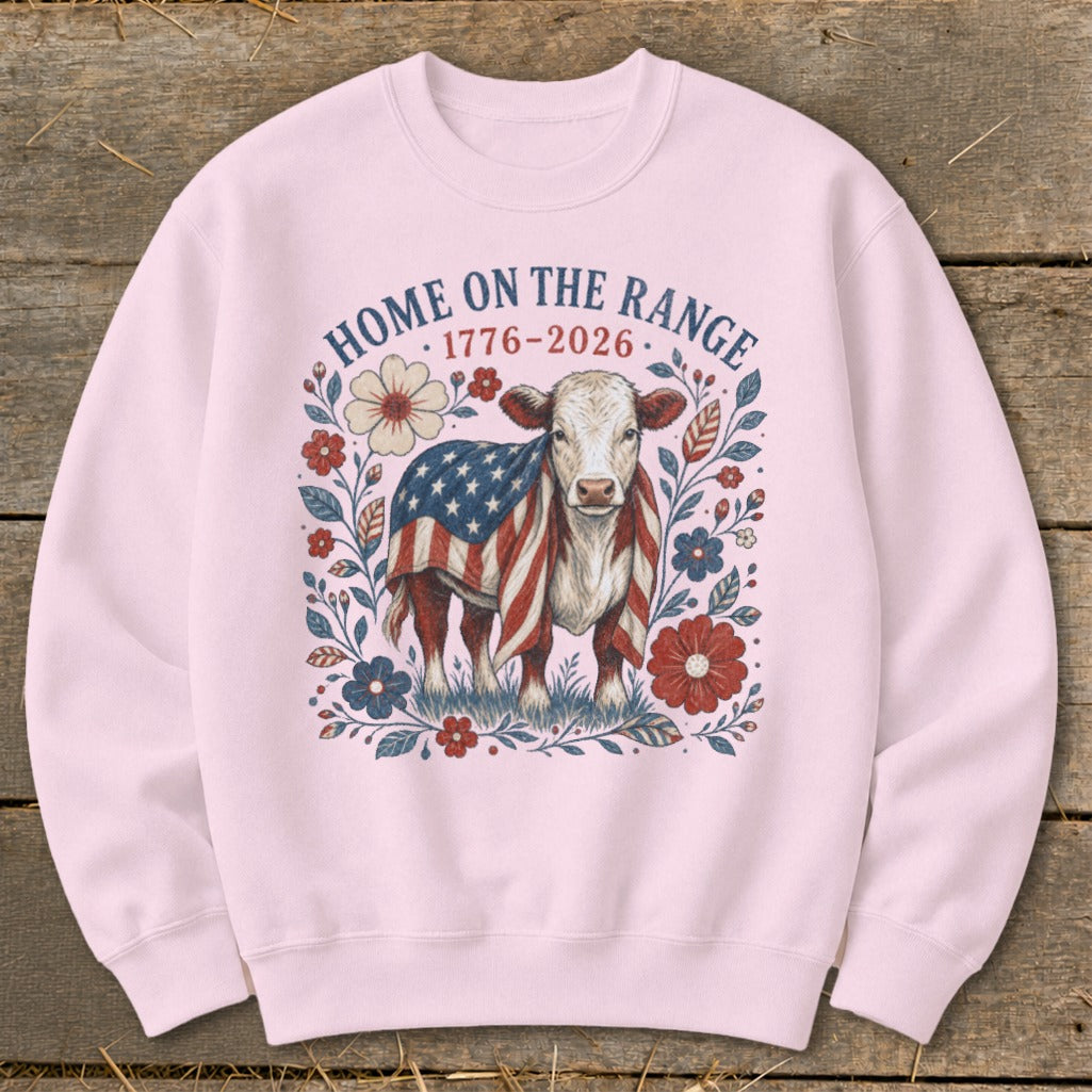 Cow wearing American flag and "Home on the Range 1776-2026" text.