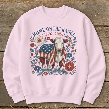 Cow wearing American flag and "Home on the Range 1776-2026" text.