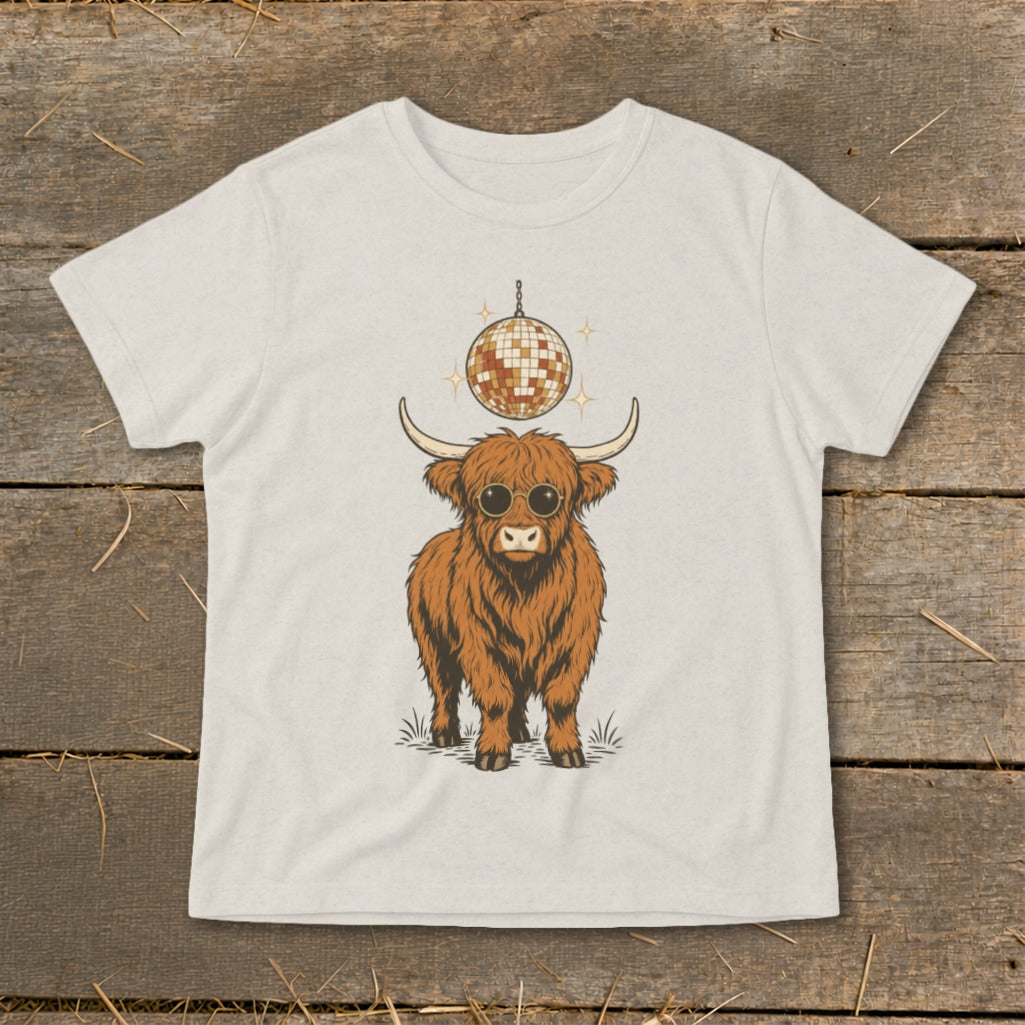 Highland cow wearing sunglasses with a disco ball above its head.