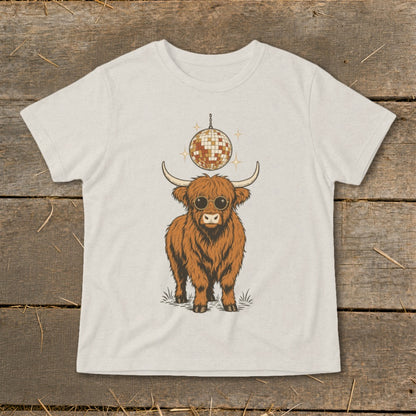 Highland cow wearing sunglasses with a disco ball above its head.