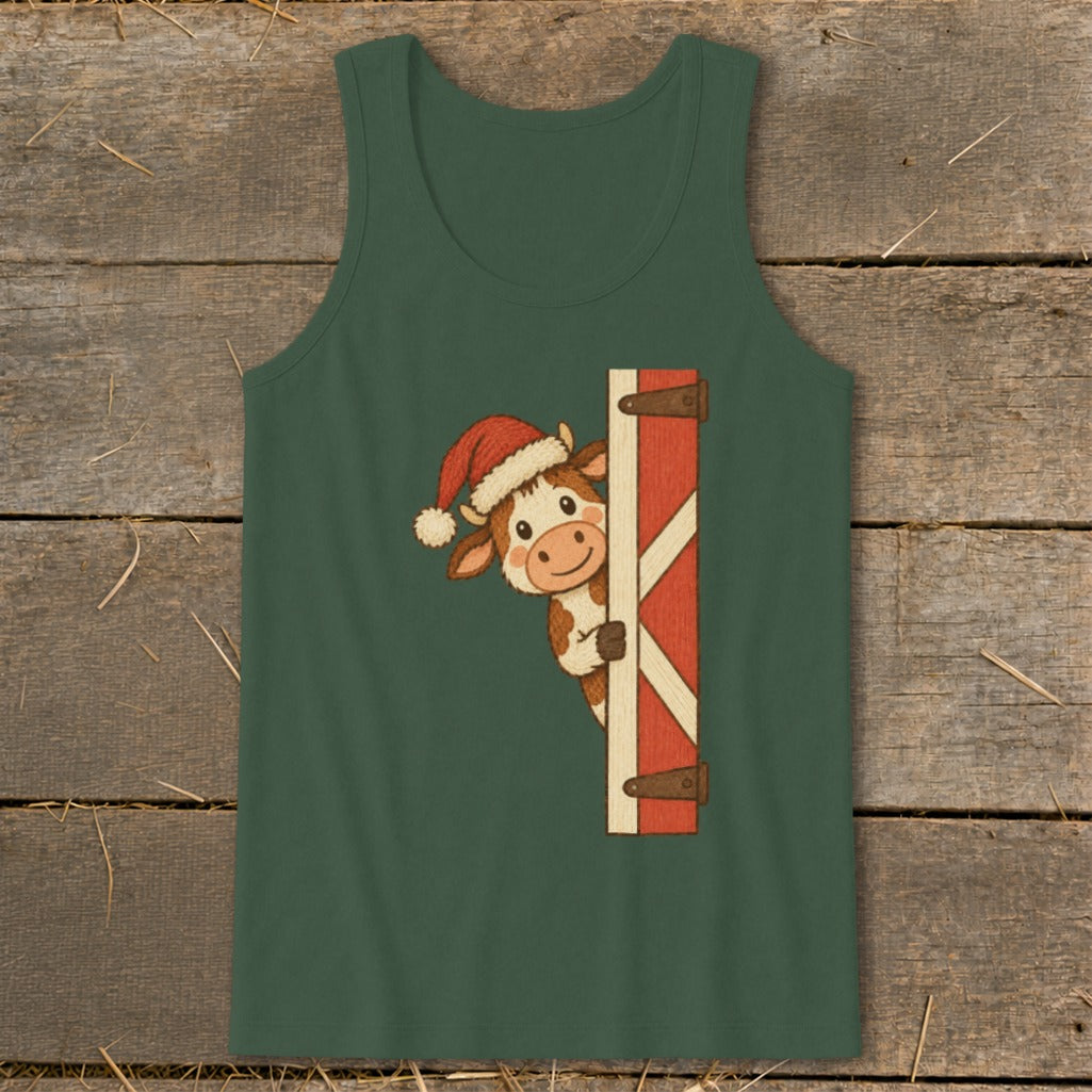 Green tank top with a cartoon cow wearing a Santa hat peeking around a barn door.