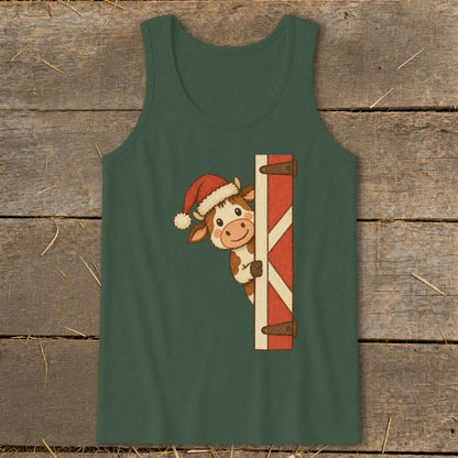 Green tank top with a cartoon cow wearing a Santa hat peeking around a barn door.