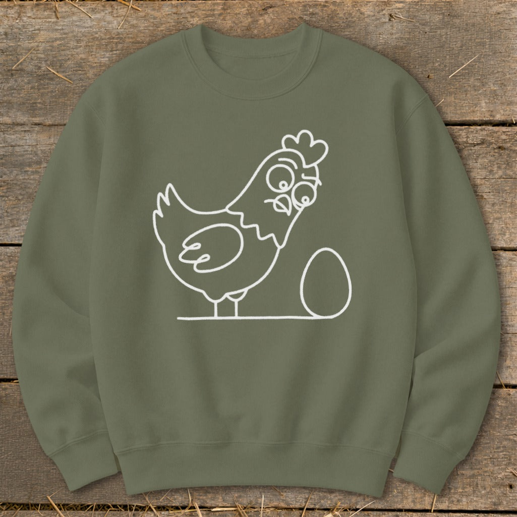 Green sweatshirt with white line drawing of a surprised chicken and an egg.
