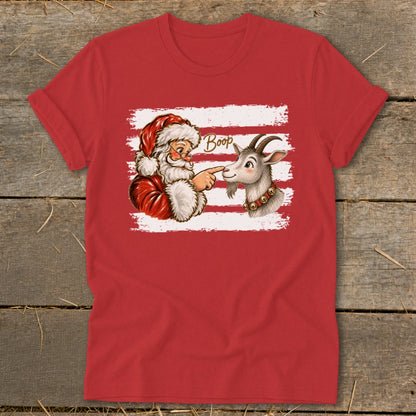 Santa playfully boops a goat on the nose with the word "Boop" above.