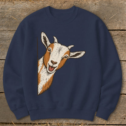 Navy sweatshirt with a playful illustration of a peeking goat.