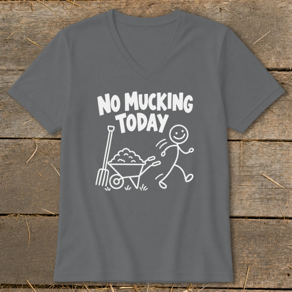 Gray v-neck t-shirt with white stick-figure graphic and text "NO MUCKING TODAY."