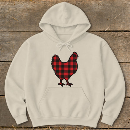 Cream hoodie with a black and red buffalo plaid chicken graphic.