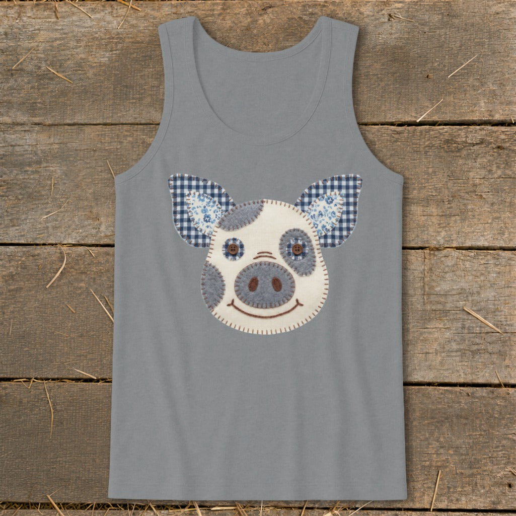 Gray tank top with a patchwork pig face and checkered ears.