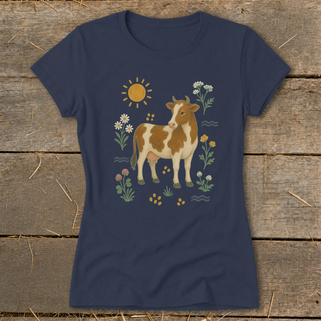 Navy t-shirt with a brown and white cow surrounded by flowers and a sun.