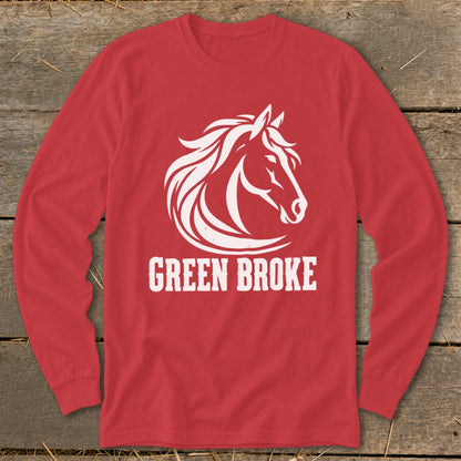 Red long-sleeved t-shirt featuring a white horse head graphic and the text "GREEN BROKE".