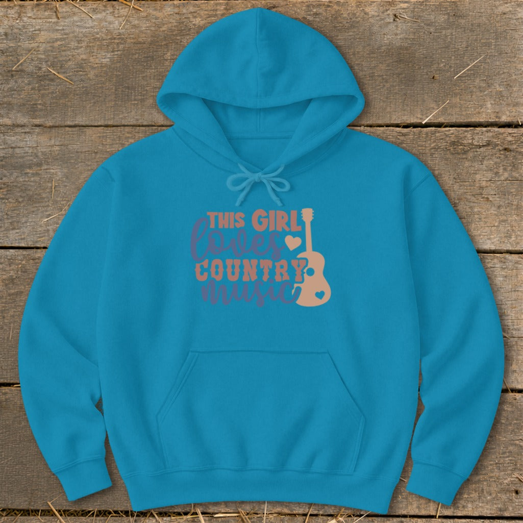 Blue hoodie with "This girl loves country music" text and guitar graphic.