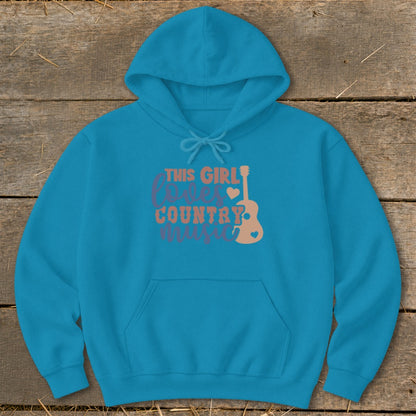 Blue hoodie with "This girl loves country music" text and guitar graphic.