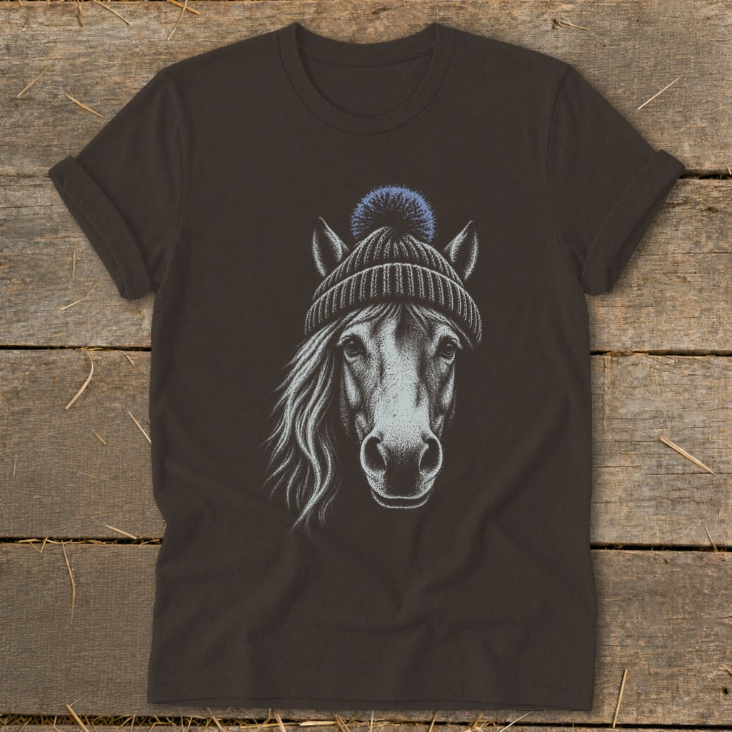 Dark brown t-shirt with a stylized drawing of a horse wearing a blue beanie.