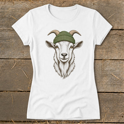 White t-shirt with a detailed illustration of a goat wearing a green beanie.