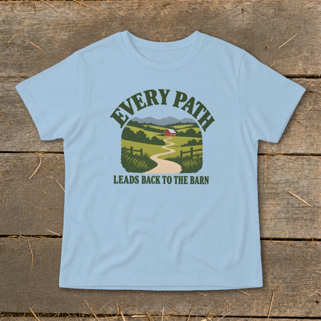 Light blue t-shirt with a graphic of a winding path leading to a red barn.