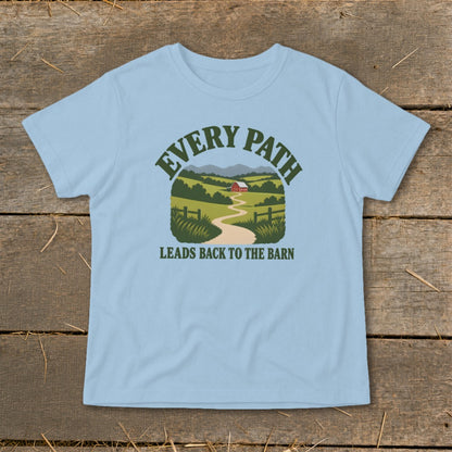 Light blue t-shirt with a graphic of a winding path leading to a red barn.