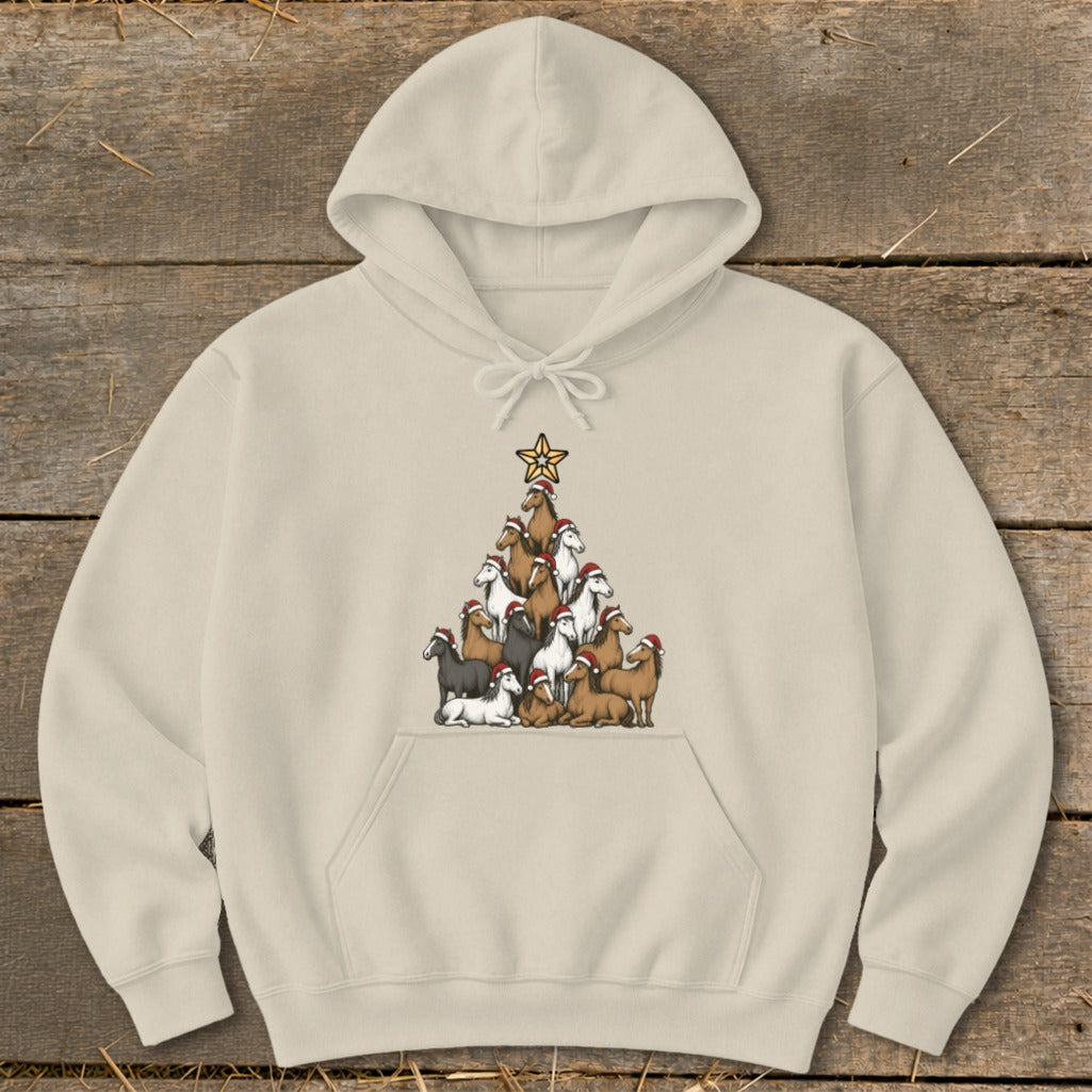 Light beige hoodie with Christmas tree made of horses wearing Santa hats.
