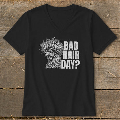 Black v-neck t-shirt with a fluffy chicken graphic and text "BAD HAIR DAY?".