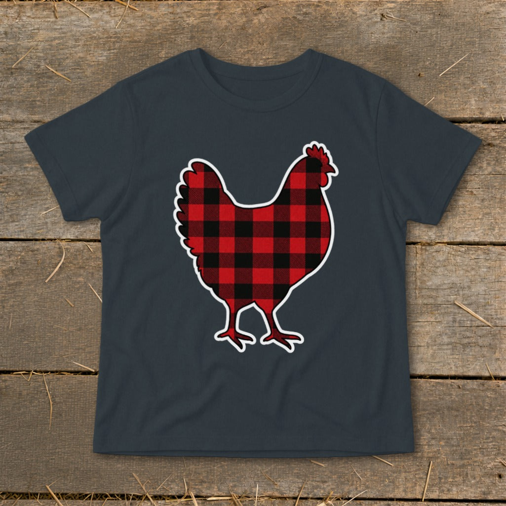Dark gray t-shirt with a red and black buffalo plaid chicken graphic.