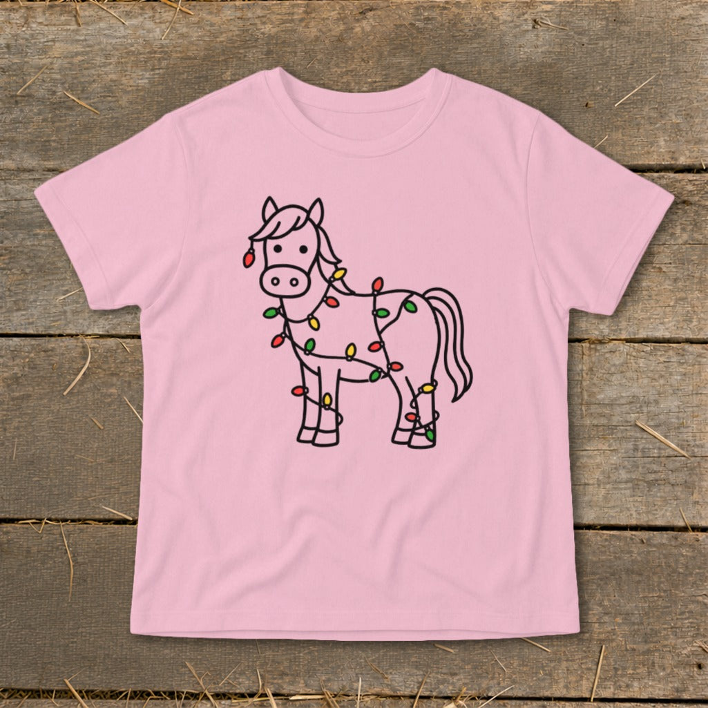 Pink t-shirt with a black line drawing of a horse wrapped in colorful Christmas lights.