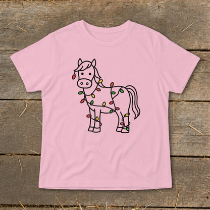Pink t-shirt with a black line drawing of a horse wrapped in colorful Christmas lights.