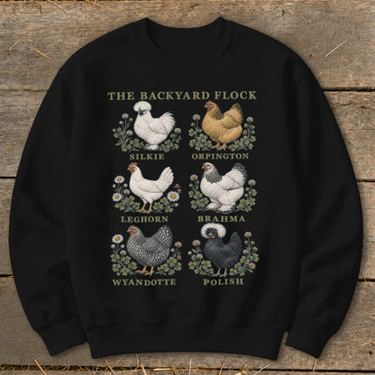 Black sweatshirt with "The Backyard Flock" and illustrations of six chicken breeds.