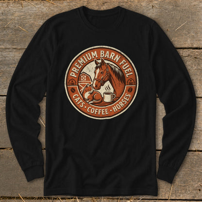 Round logo with horse, cat, coffee cup, barn, and text "Premium Barn Fuel Cats Coffee Horses".