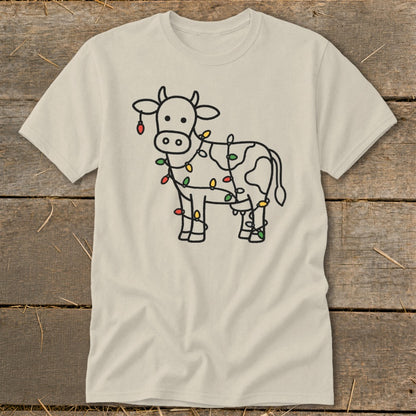 T-shirt with a cow outline decorated with colorful Christmas lights.