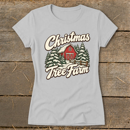 Grey t-shirt with "Christmas Tree Farm" text and winter barn graphic.