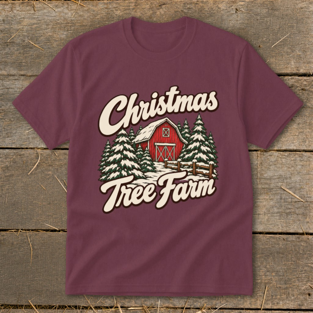 Maroon t-shirt with "Christmas Tree Farm" text and vintage barn and trees graphic.