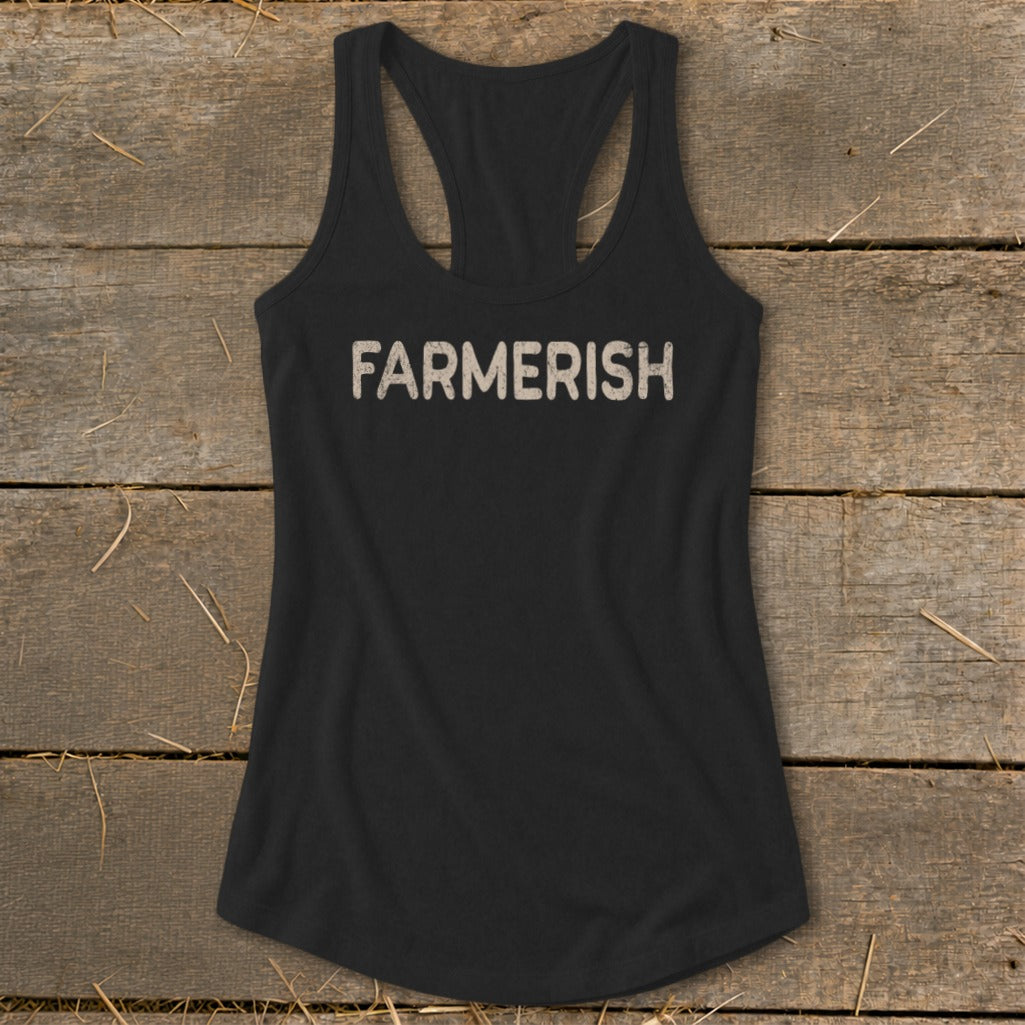 Black racerback tank top with "FARMERISH" printed in distressed white letters.