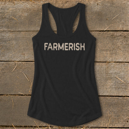 Black racerback tank top with "FARMERISH" printed in distressed white letters.