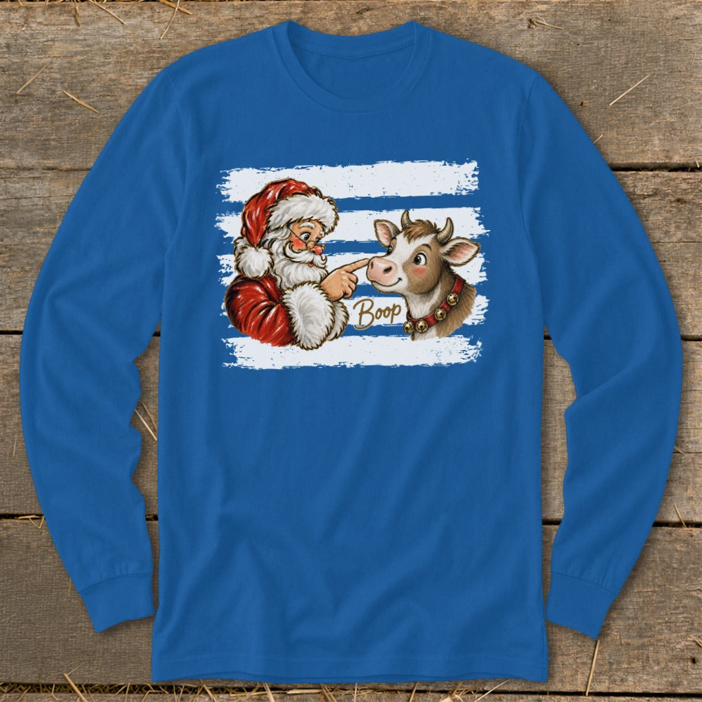 Santa booping a cow with the word "Boop" on a blue long-sleeve shirt.