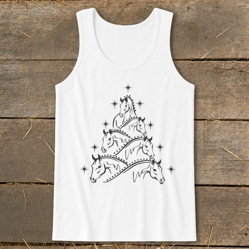 White tank top with a Christmas tree made of horse heads and stars.