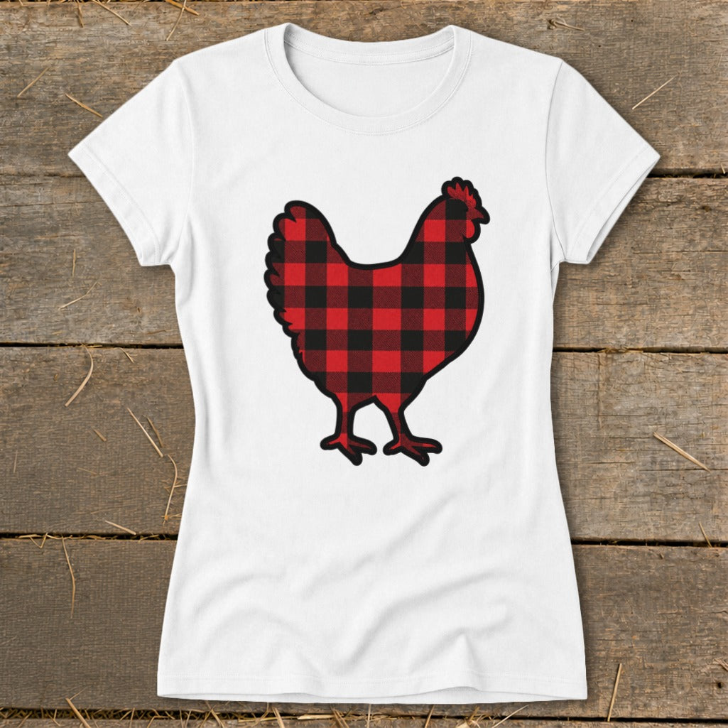 White t-shirt with a red and black buffalo plaid chicken graphic.