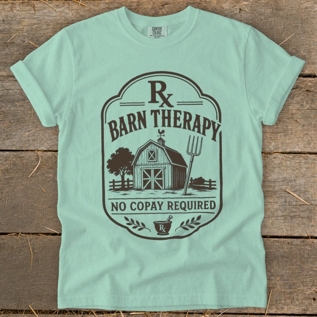 Light blue t-shirt with "Barn Therapy" design and "No Copay Required" text.