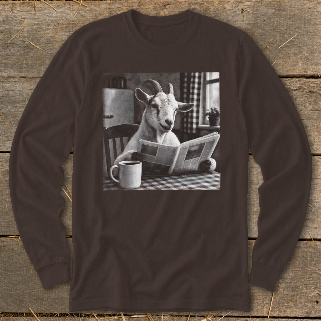 Dark brown long-sleeve t-shirt featuring a black and white graphic of a goat reading a newspaper.
