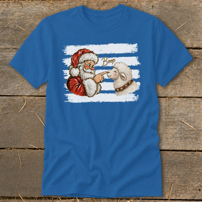 Santa boops a sheep on the nose with the word "Boop" above them.