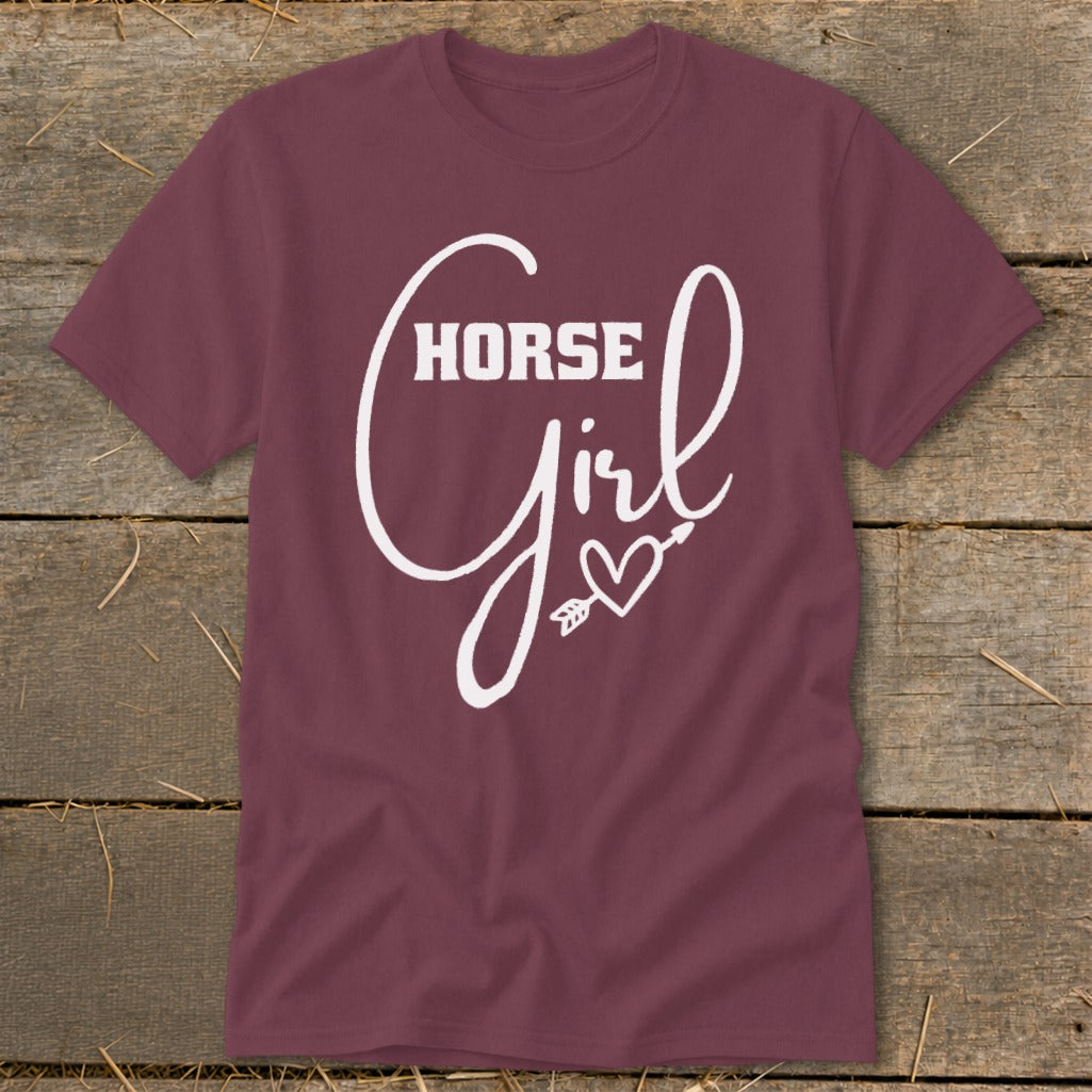 Maroon t-shirt with white "HORSE Girl" text and a heart with arrow.