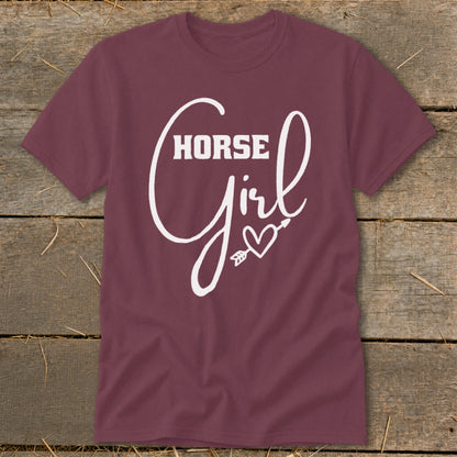 Maroon t-shirt with white "HORSE Girl" text and a heart with arrow.