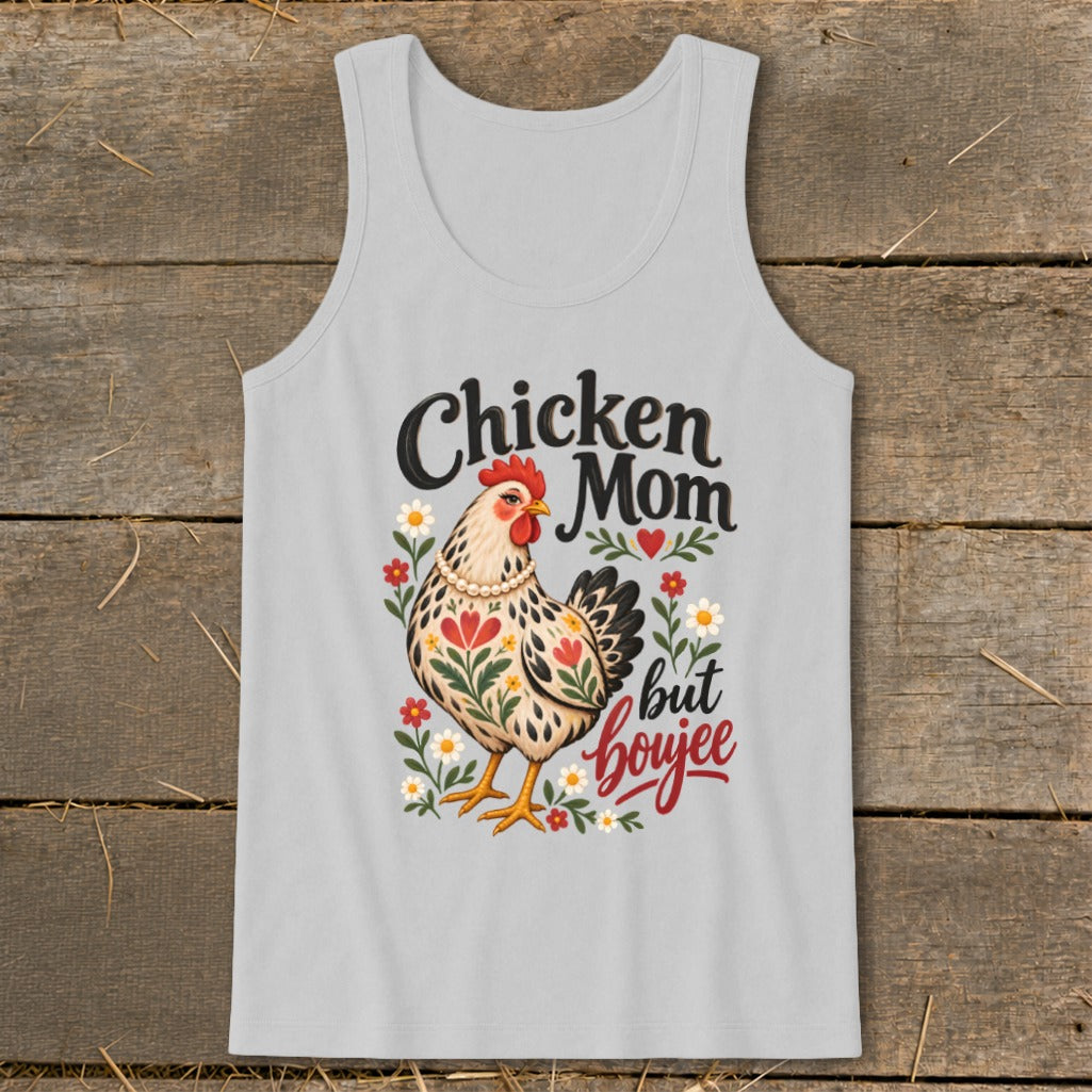 Light gray tank top with "Chicken Mom but boujee" text and a chicken illustration.