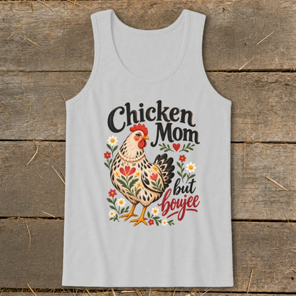 Light gray tank top with "Chicken Mom but boujee" text and a chicken illustration.