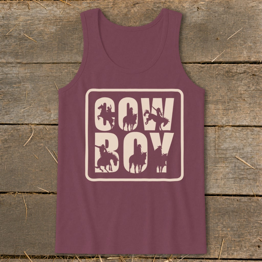 Burgundy tank top with cream "COWBOY" text and cowboy silhouettes.