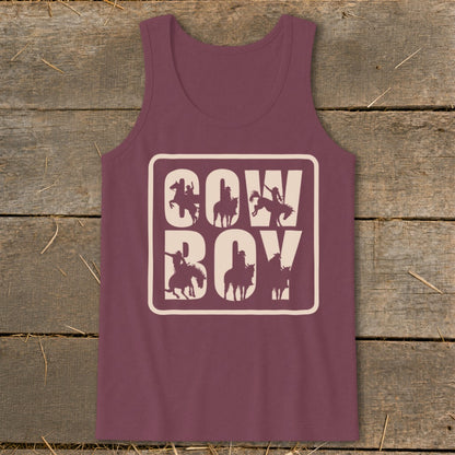 Burgundy tank top with cream "COWBOY" text and cowboy silhouettes.