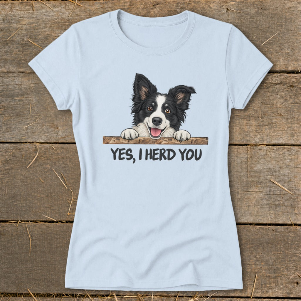 Light blue t-shirt with a black and white border collie peeking over a wooden fence with text.