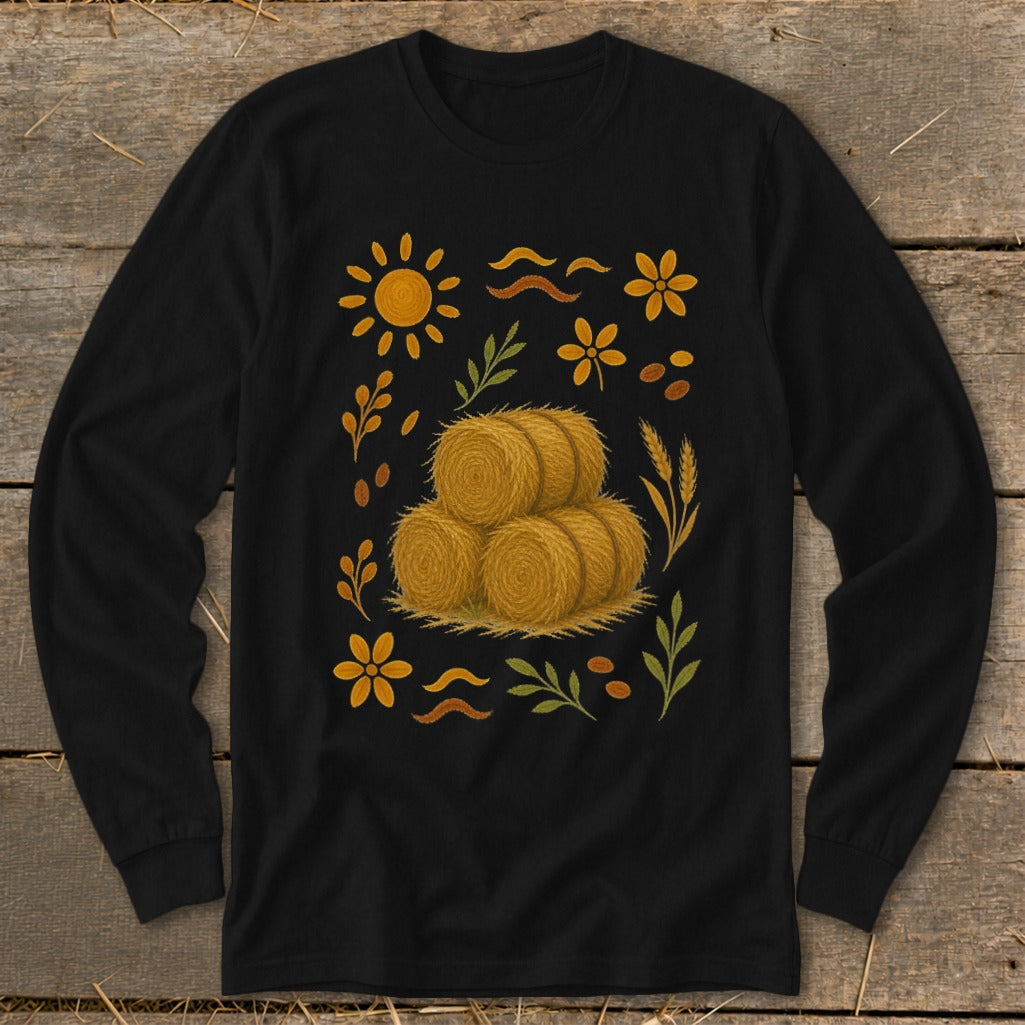 Black long-sleeve shirt with stacked hay bales and autumn floral design.